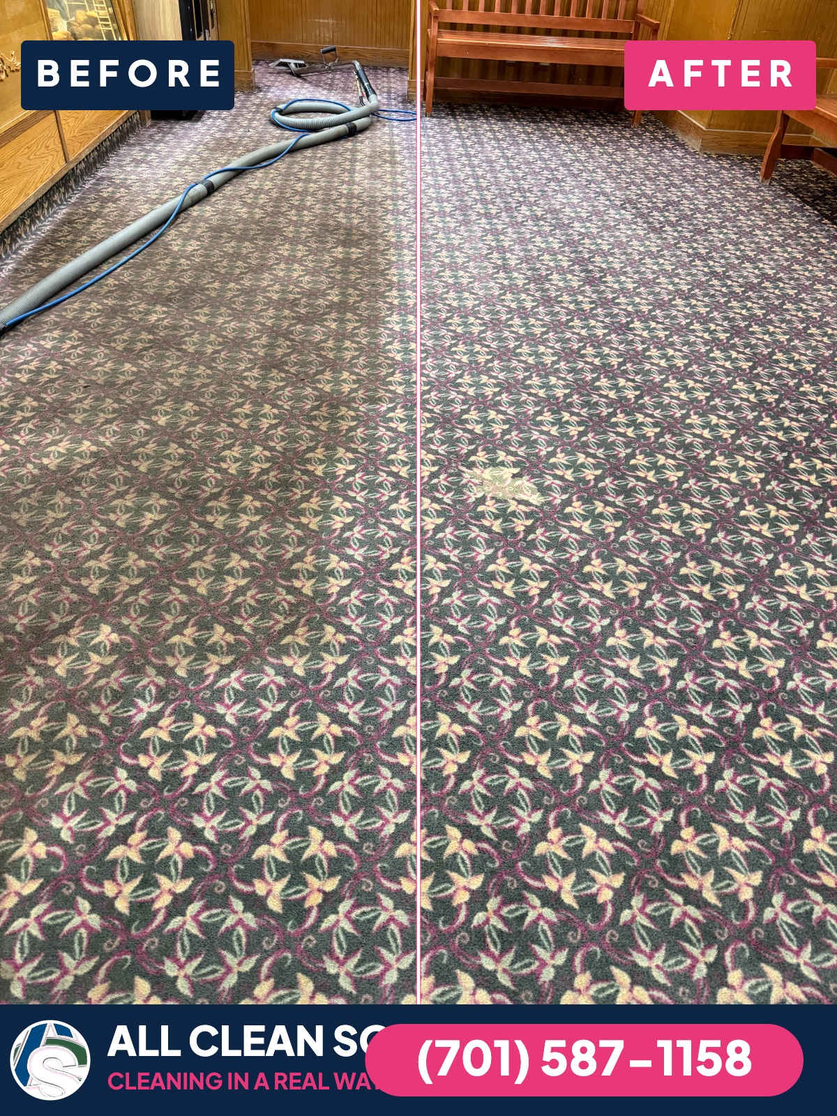 Before and after commercial carpet cleaning by All Clean Solutions in Bismarck ND