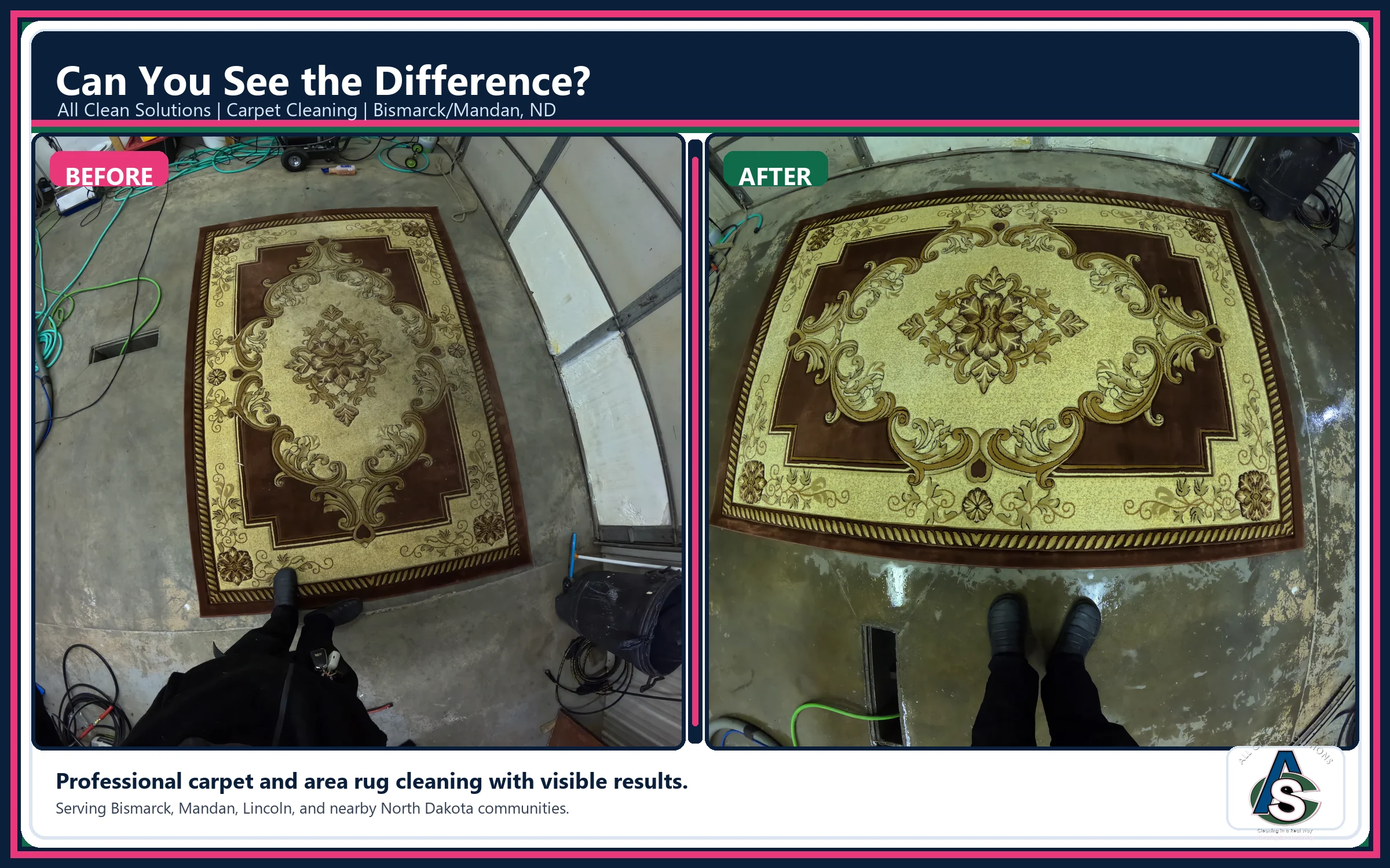 Before and after area rug carpet cleaning by All Clean Solutions